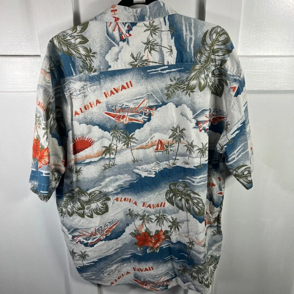 Island Soul Mens XL Aloha Hawaii Biplane Tropical Print Cotton Button Down Shirt
